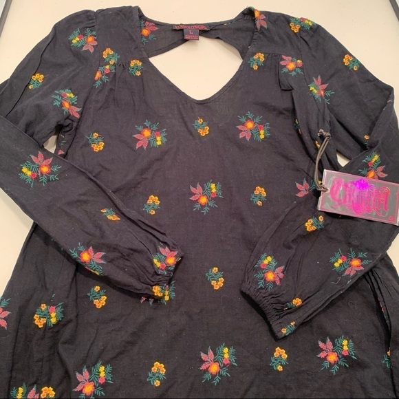 Rock & Roll Cowgirl Tunic Dress Size Large Black Floral Scoop Neck - Picture 10 of 11